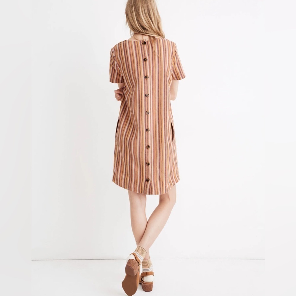 Madewell Button Back Easy Dress in Rainbow Stripe Short Sleeve Linen Cotton S